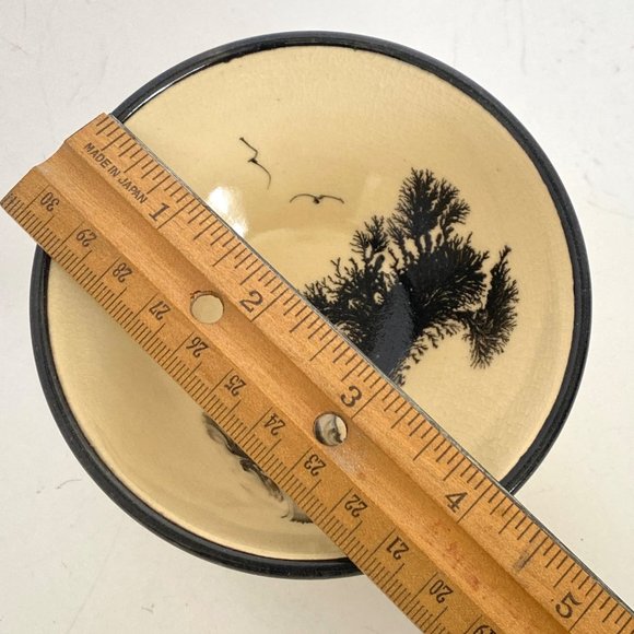 Handmade Stoneware Rice Bowl Signed AJ 16 With Black Tree Design Birds Beige - Picture 6 of 6